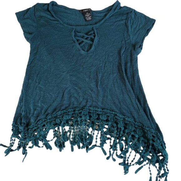 Rue 21 Crop Top Shirt Tassel Dark Teal Cap Sleeves Junior's WOMEN'S EXTRA SMALL - Picture 3 of 12
